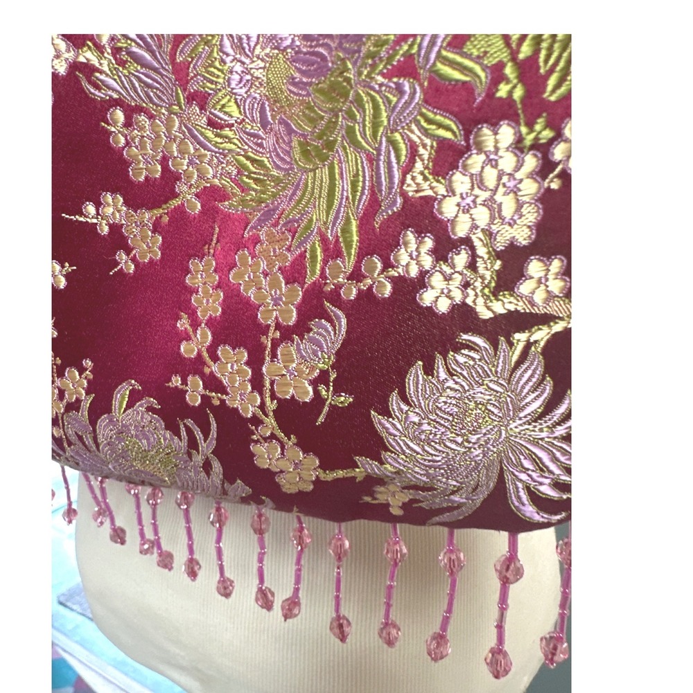 Yans NY Pink Velvet Brocade Evening Bag Beaded Fringe Ring Handle NWT Floral - Picture 3 of 4